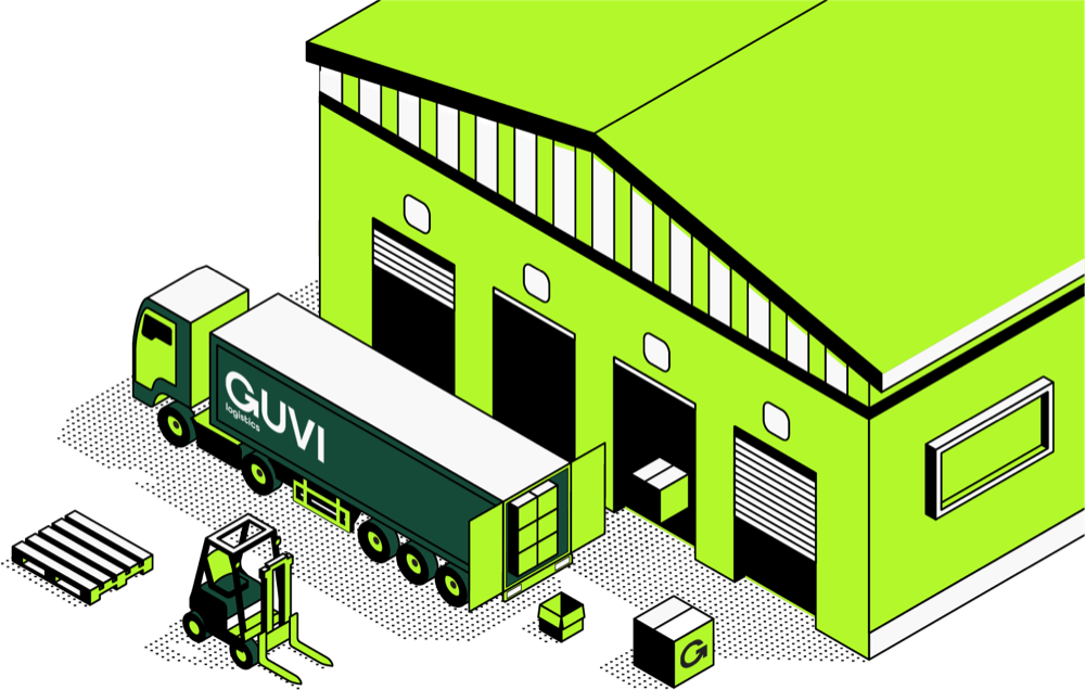 Guvi warehouse with cargo truck and forklift